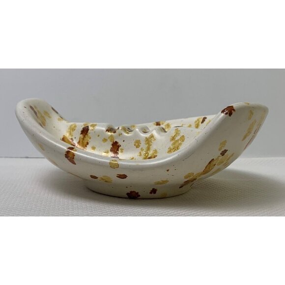 Vintage Handcrafted Ceramic Ashtray Splatter Glaze Brown Gold Earthy 4 Notches - Picture 7 of 15